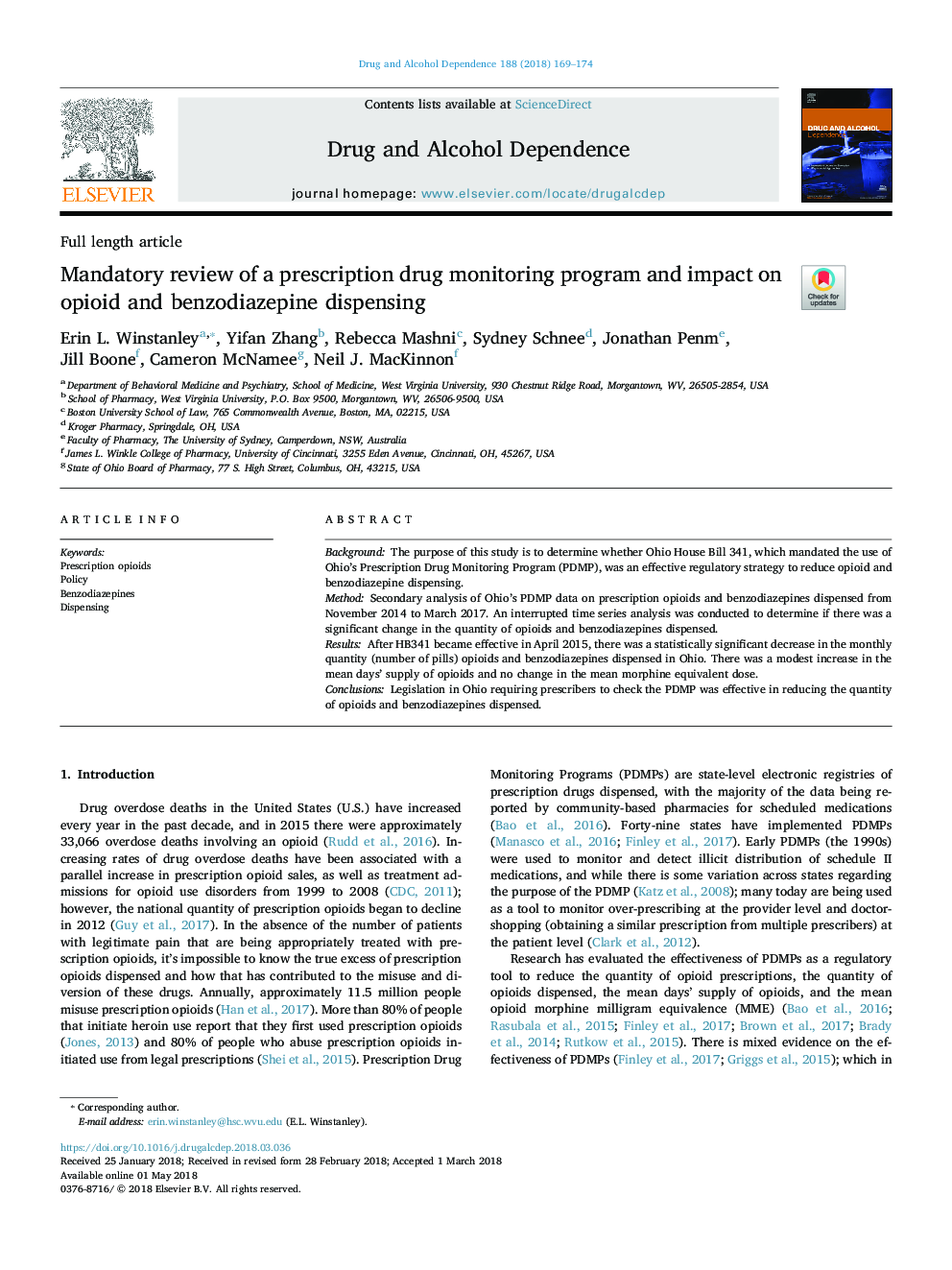 Mandatory review of a prescription drug monitoring program and impact on opioid and benzodiazepine dispensing