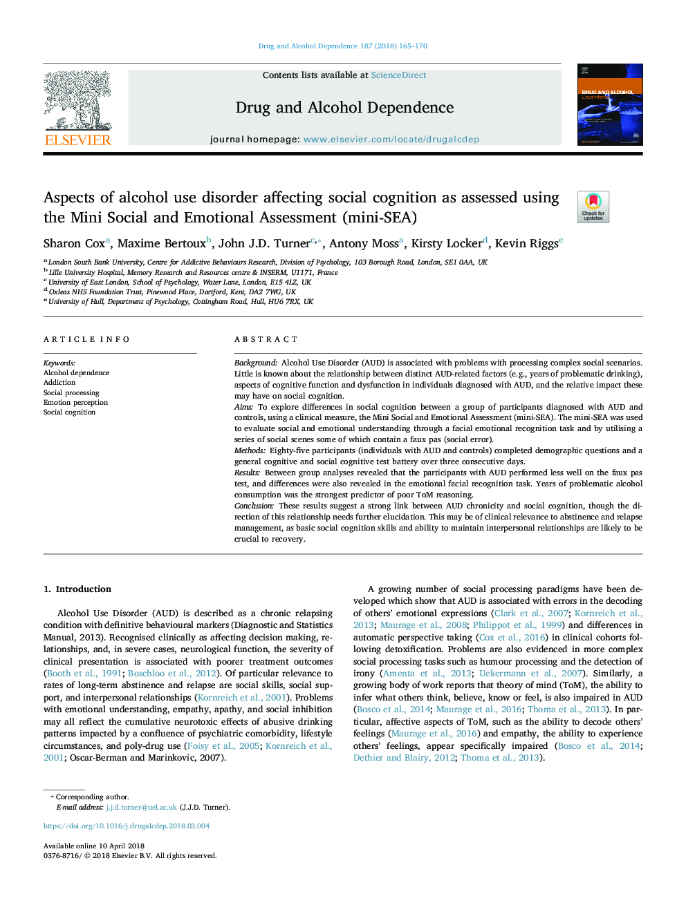 Aspects of alcohol use disorder affecting social cognition as assessed using the Mini Social and Emotional Assessment (mini-SEA)