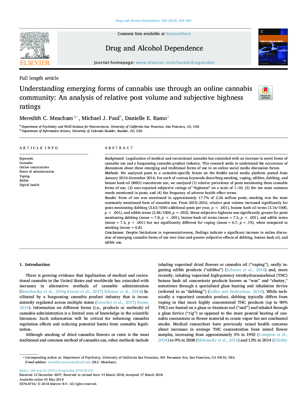 Understanding emerging forms of cannabis use through an online cannabis community: An analysis of relative post volume and subjective highness ratings