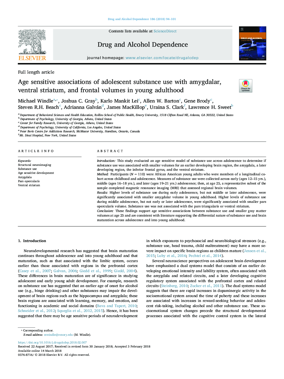 Age sensitive associations of adolescent substance use with amygdalar, ventral striatum, and frontal volumes in young adulthood