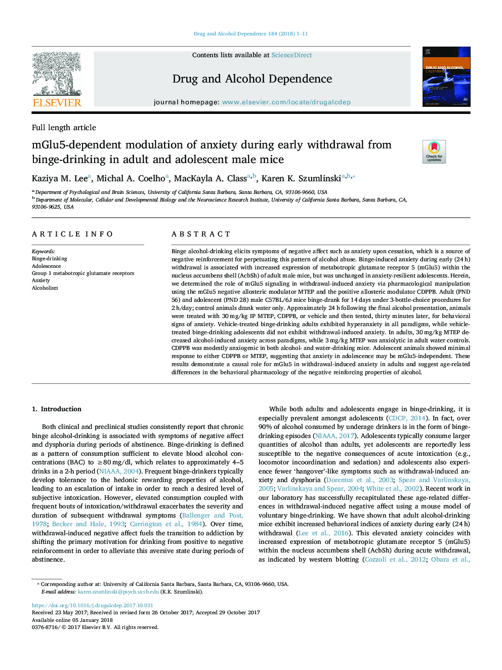 mGlu5-dependent modulation of anxiety during early withdrawal from binge-drinking in adult and adolescent male mice