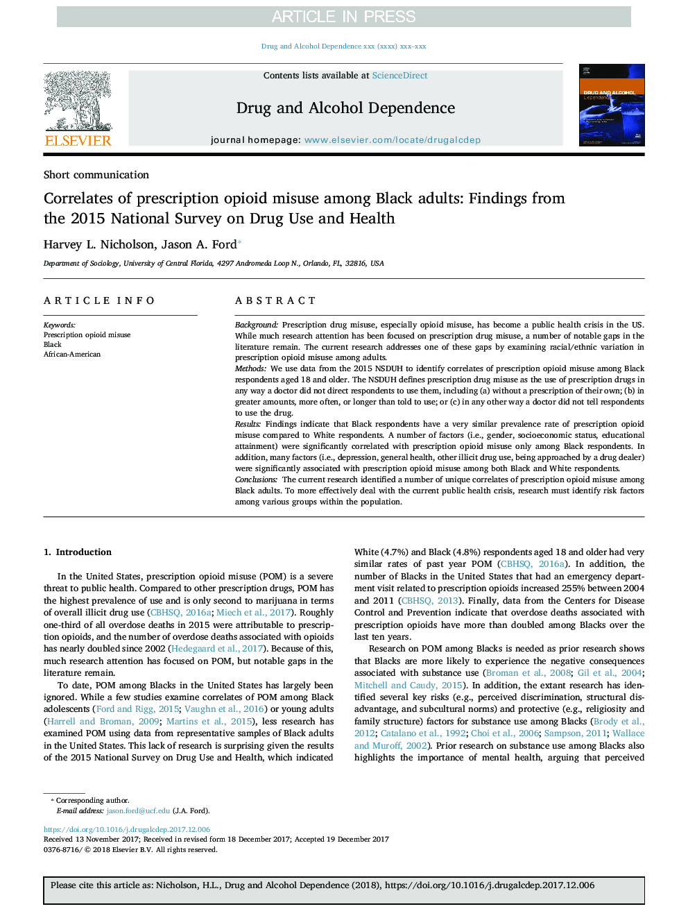 Correlates of prescription opioid misuse among Black adults: Findings from the 2015 National Survey on Drug Use and Health