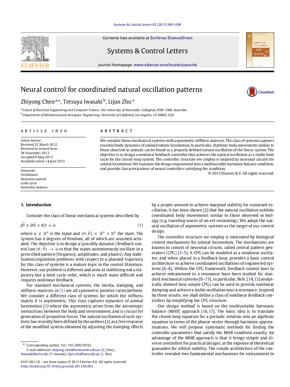 Neural control for coordinated natural oscillation patterns