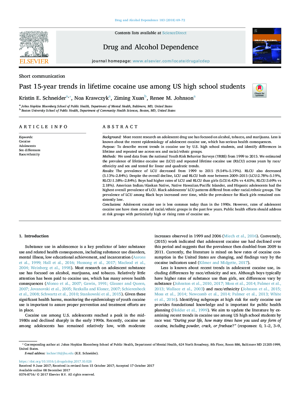 Past 15-year trends in lifetime cocaine use among US high school students