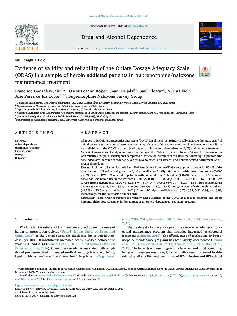 Evidence of validity and reliability of the Opiate Dosage Adequacy Scale (ODAS) in a sample of heroin addicted patients in buprenorphine/naloxone maintenance treatment