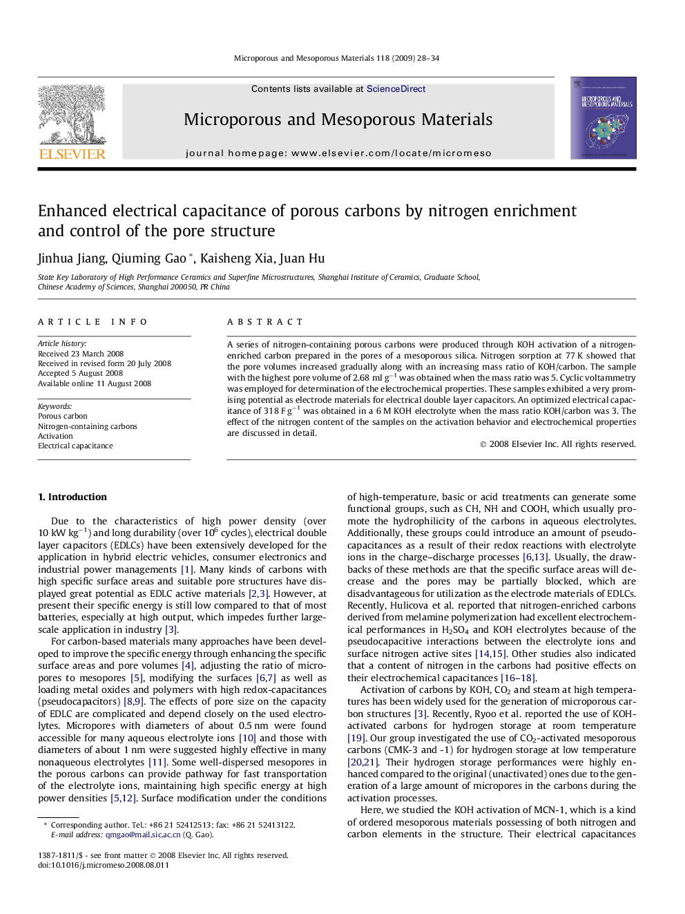 Enhanced electrical capacitance of porous carbons by nitrogen enrichment and control of the pore structure