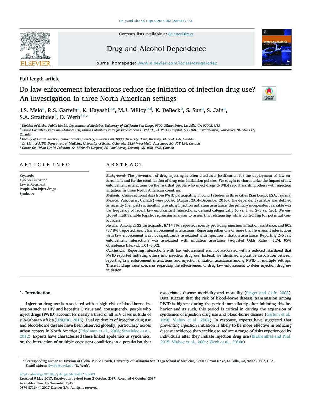 Do law enforcement interactions reduce the initiation of injection drug use? An investigation in three North American settings