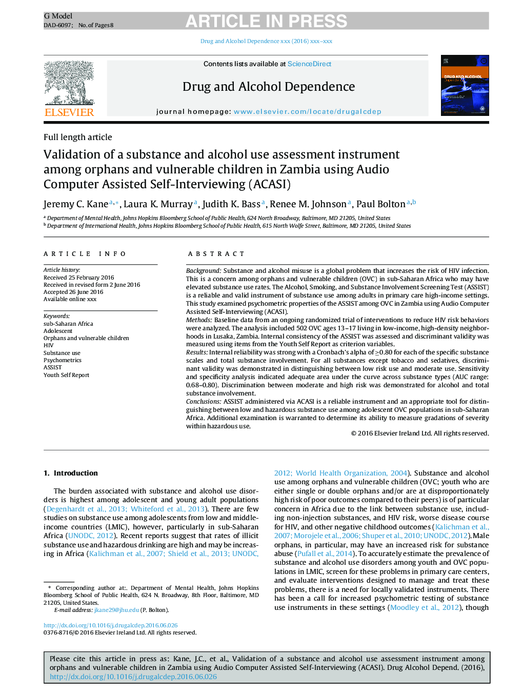 Validation of a substance and alcohol use assessment instrument among orphans and vulnerable children in Zambia using Audio Computer Assisted Self-Interviewing (ACASI)