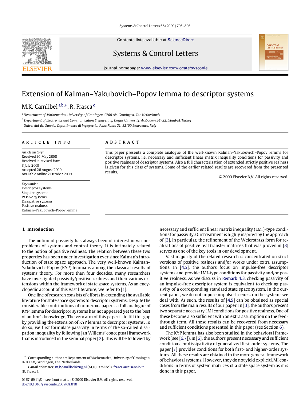 Extension of Kalman–Yakubovich–Popov lemma to descriptor systems