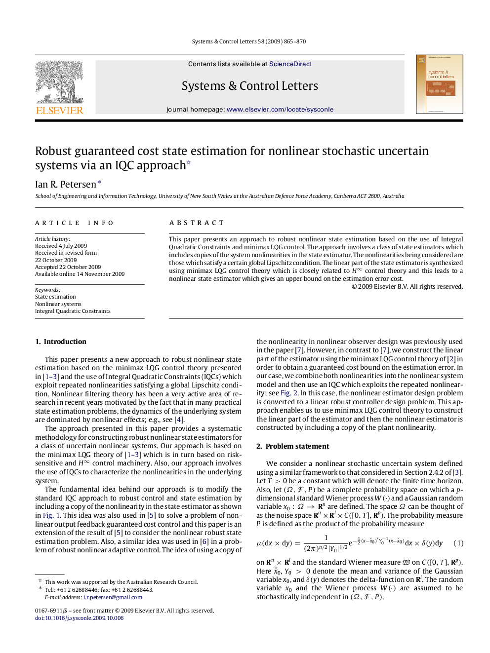 Robust guaranteed cost state estimation for nonlinear stochastic uncertain systems via an IQC approach 