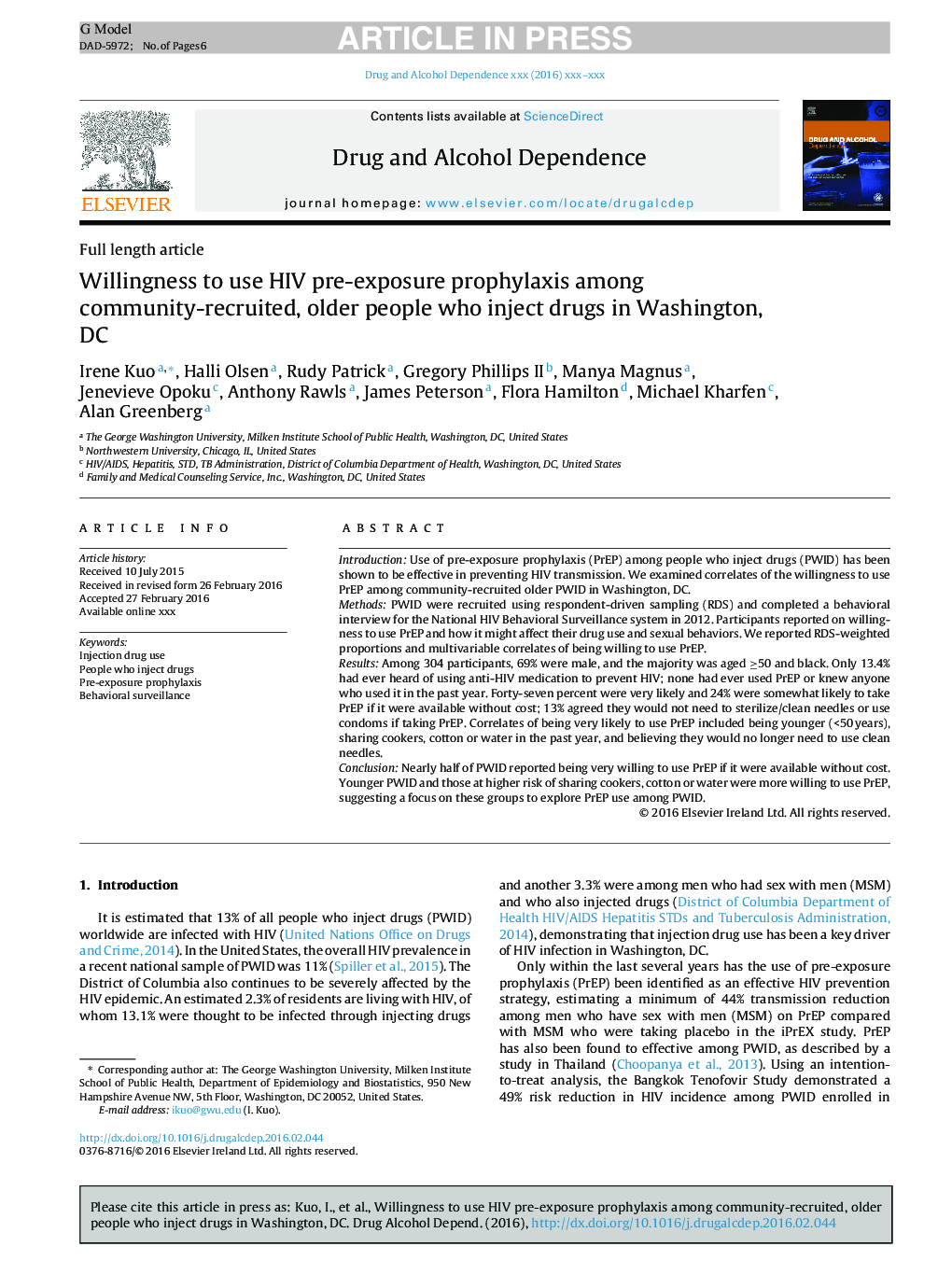 Willingness to use HIV pre-exposure prophylaxis among community-recruited, older people who inject drugs in Washington, DC