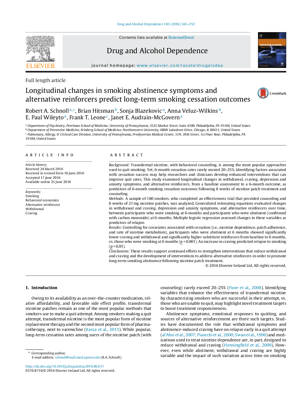 Longitudinal changes in smoking abstinence symptoms and alternative reinforcers predict long-term smoking cessation outcomes