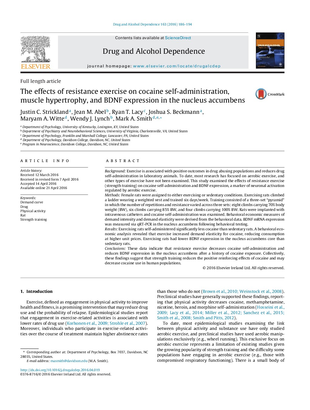 The effects of resistance exercise on cocaine self-administration, muscle hypertrophy, and BDNF expression in the nucleus accumbens