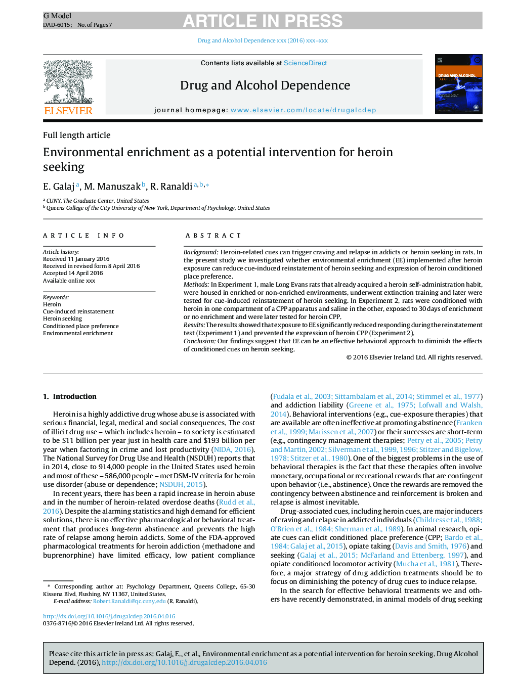 Environmental enrichment as a potential intervention for heroin seeking