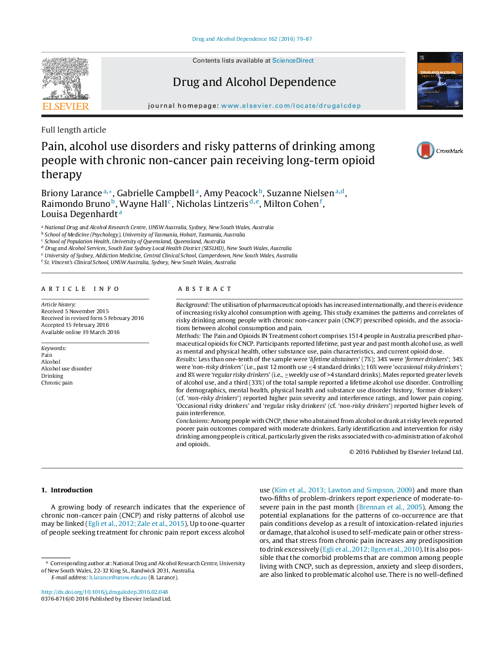 اختلالات درد، اختلالات مصرف الکل و الگوهای خطرناک نوشیدن در میان افراد مبتلا به درد مزمن غیر سرطانی که در معرض درمان طولانی مدت درمانی قرار می گیرند 