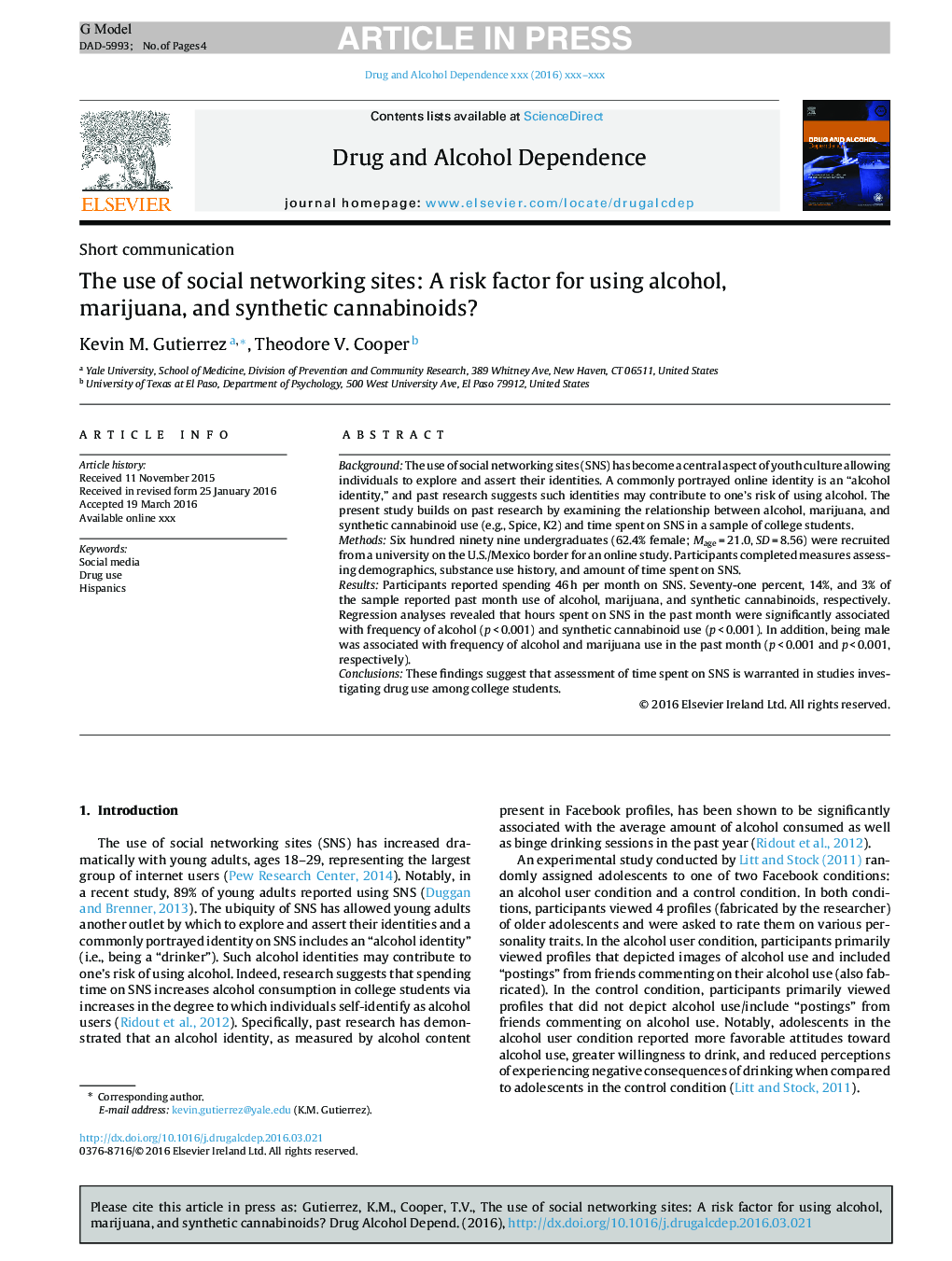 The use of social networking sites: A risk factor for using alcohol, marijuana, and synthetic cannabinoids?