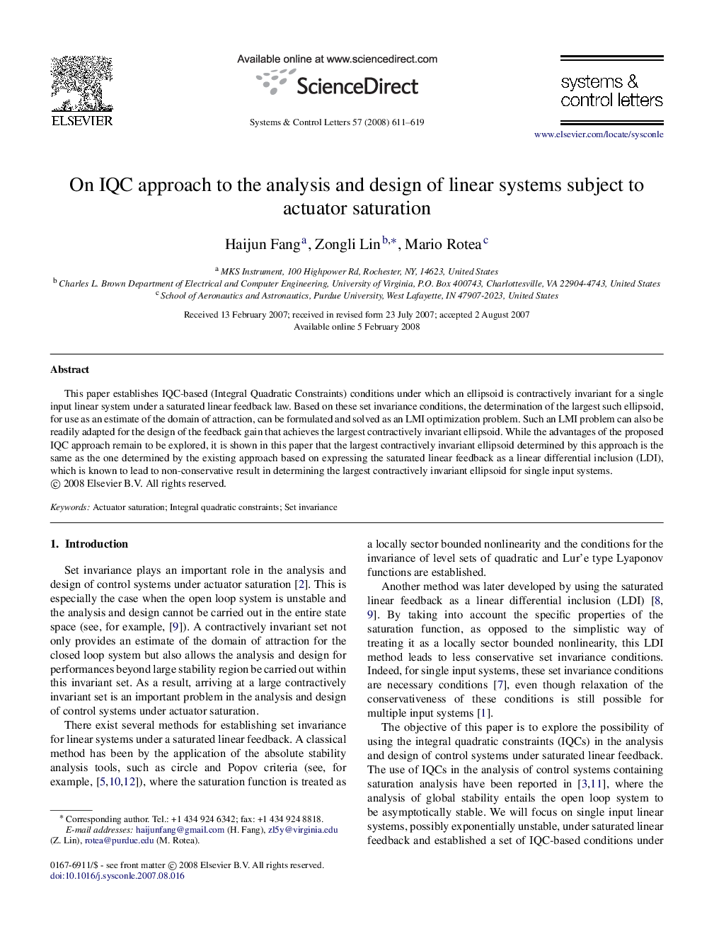 On IQC approach to the analysis and design of linear systems subject to actuator saturation