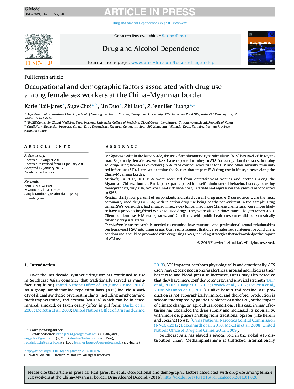 Occupational and demographic factors associated with drug use among female sex workers at the China-Myanmar border