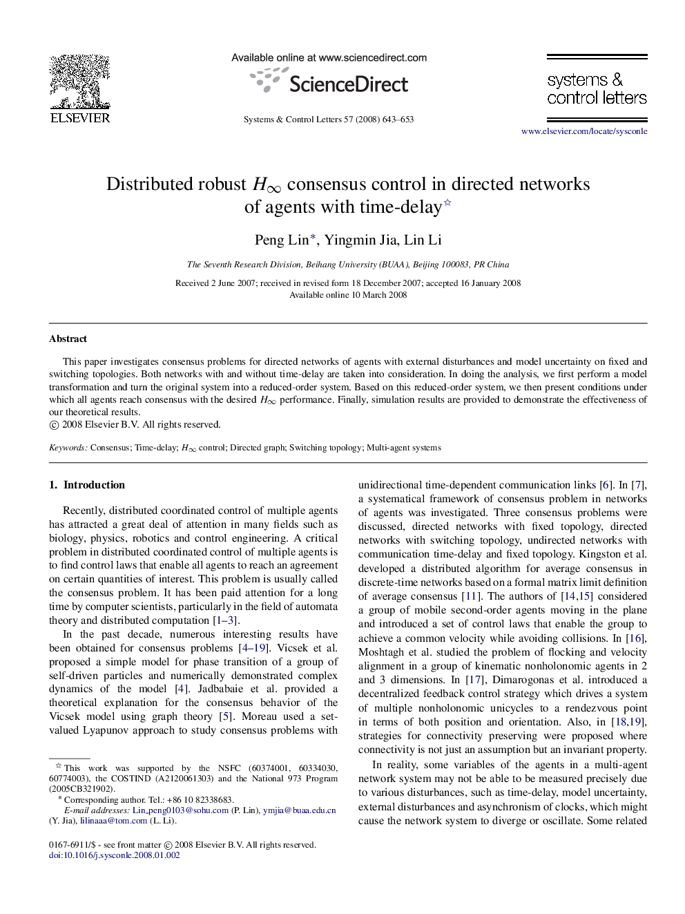Distributed robust H∞H∞ consensus control in directed networks of agents with time-delay 
