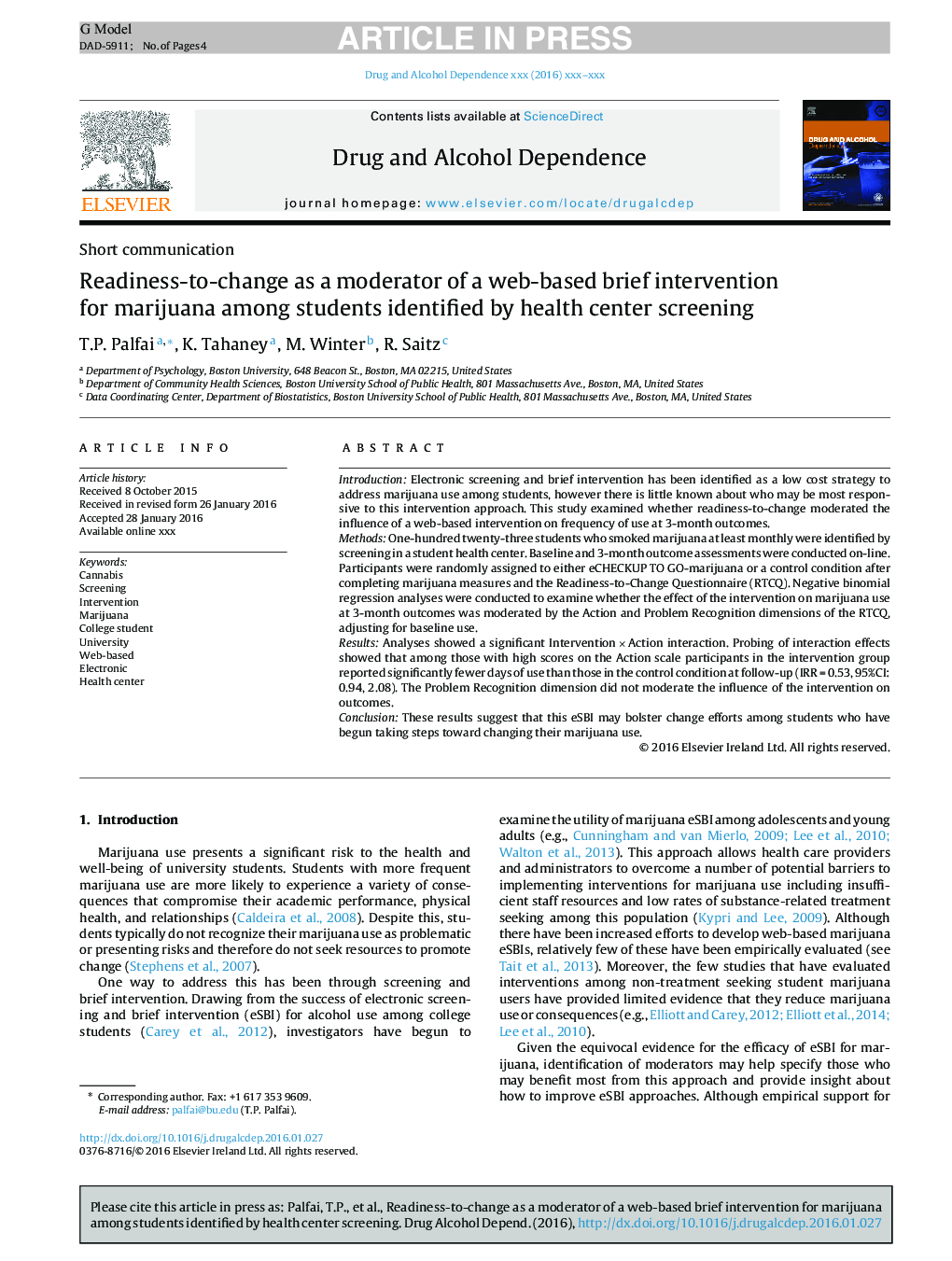 Readiness-to-change as a moderator of a web-based brief intervention for marijuana among students identified by health center screening