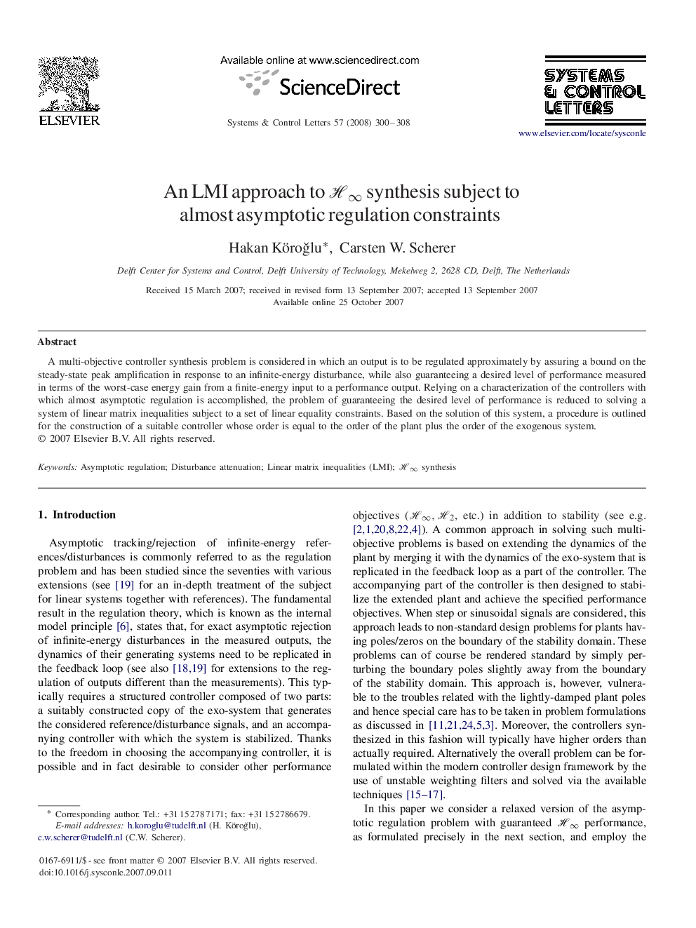 An LMI approach to H∞H∞ synthesis subject to almost asymptotic regulation constraints