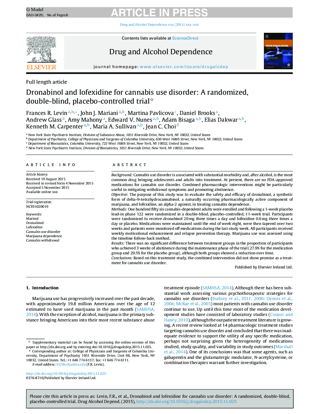 Dronabinol and lofexidine for cannabis use disorder: A randomized, double-blind, placebo-controlled trial