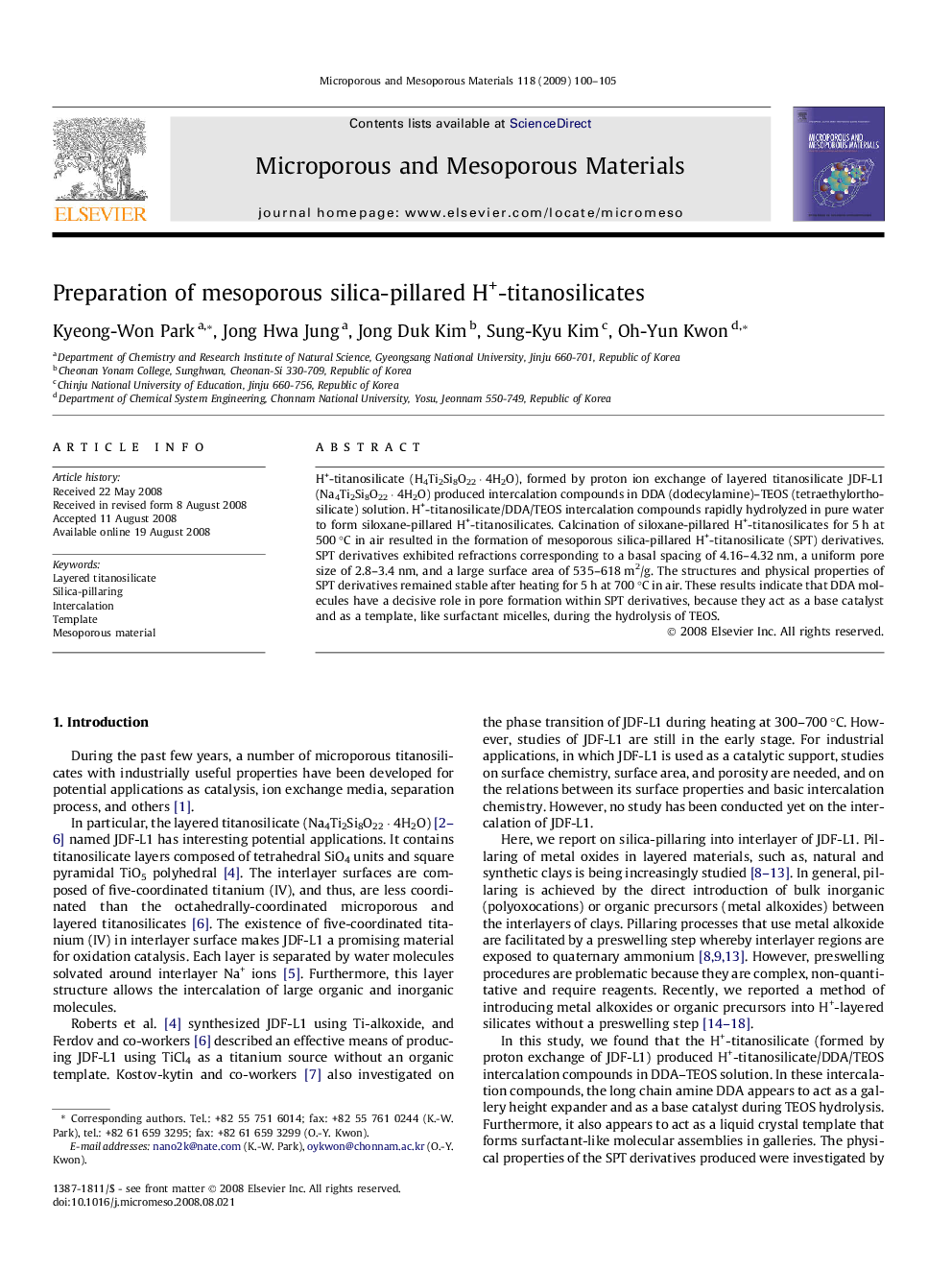 Preparation of mesoporous silica-pillared H+-titanosilicates