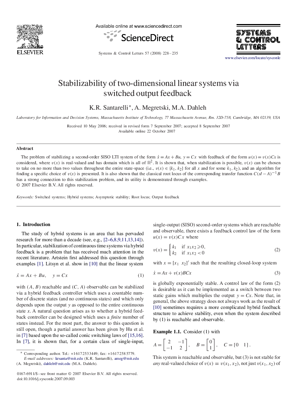 Stabilizability of two-dimensional linear systems via switched output feedback