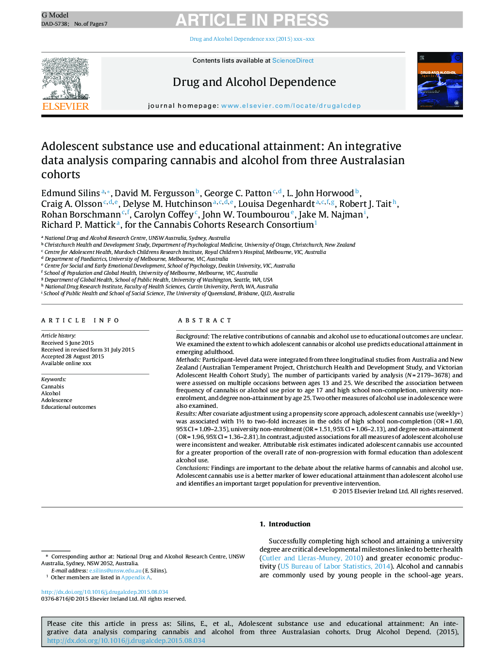 Adolescent substance use and educational attainment: An integrative data analysis comparing cannabis and alcohol from three Australasian cohorts