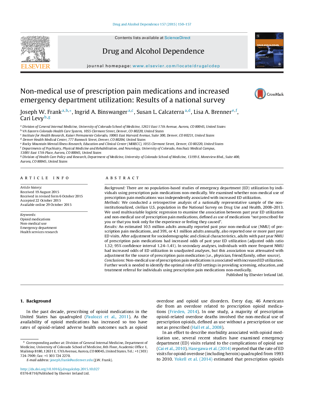 Non-medical use of prescription pain medications and increased emergency department utilization: Results of a national survey