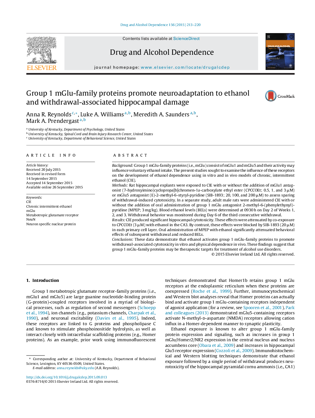 Group 1 mGlu-family proteins promote neuroadaptation to ethanol and withdrawal-associated hippocampal damage