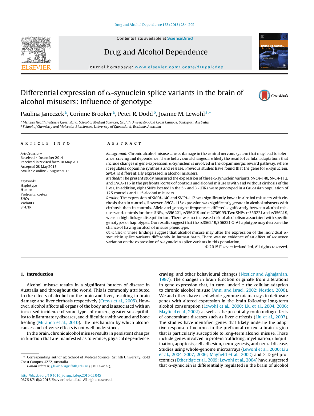 Differential expression of Î±-synuclein splice variants in the brain of alcohol misusers: Influence of genotype