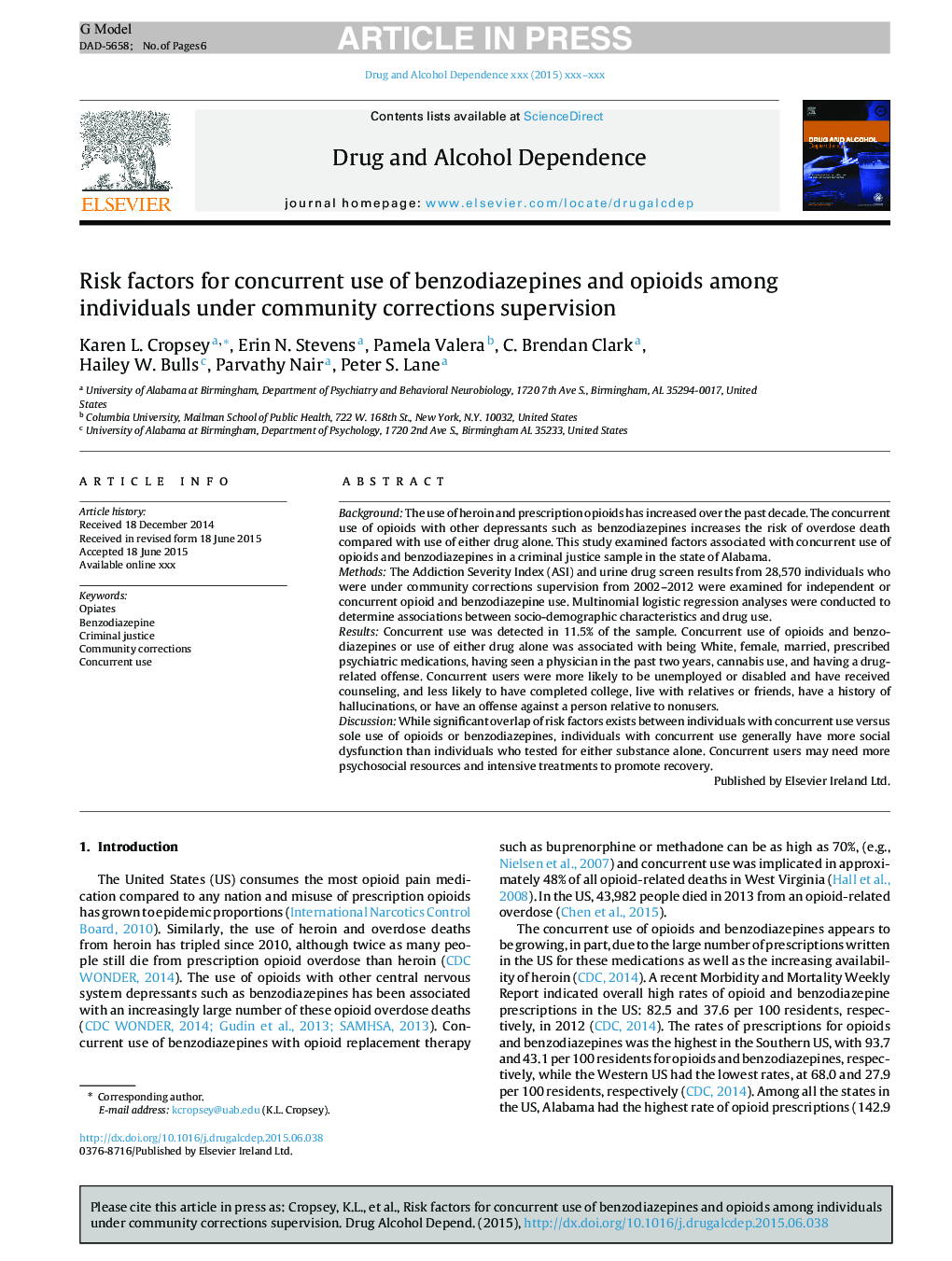 Risk factors for concurrent use of benzodiazepines and opioids among individuals under community corrections supervision