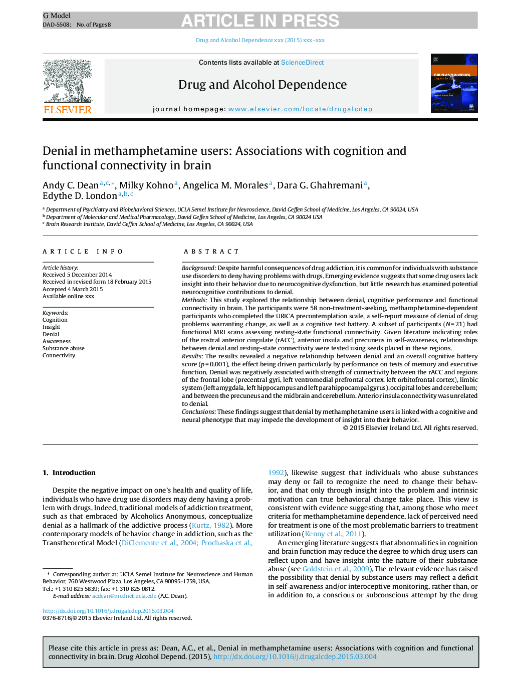 Denial in methamphetamine users: Associations with cognition and functional connectivity in brain