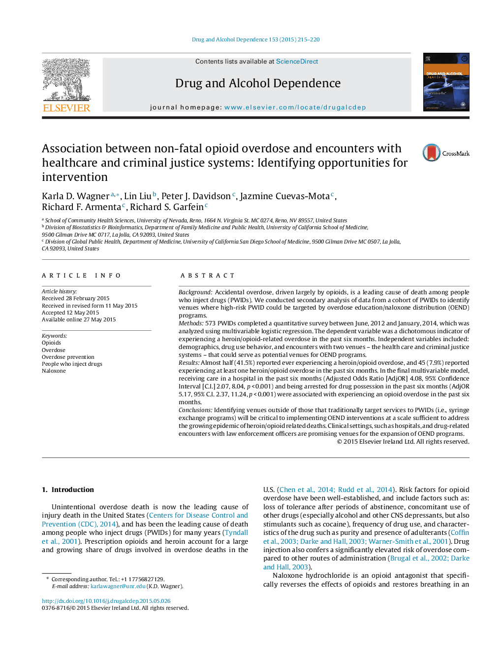 Association between non-fatal opioid overdose and encounters with healthcare and criminal justice systems: Identifying opportunities for intervention