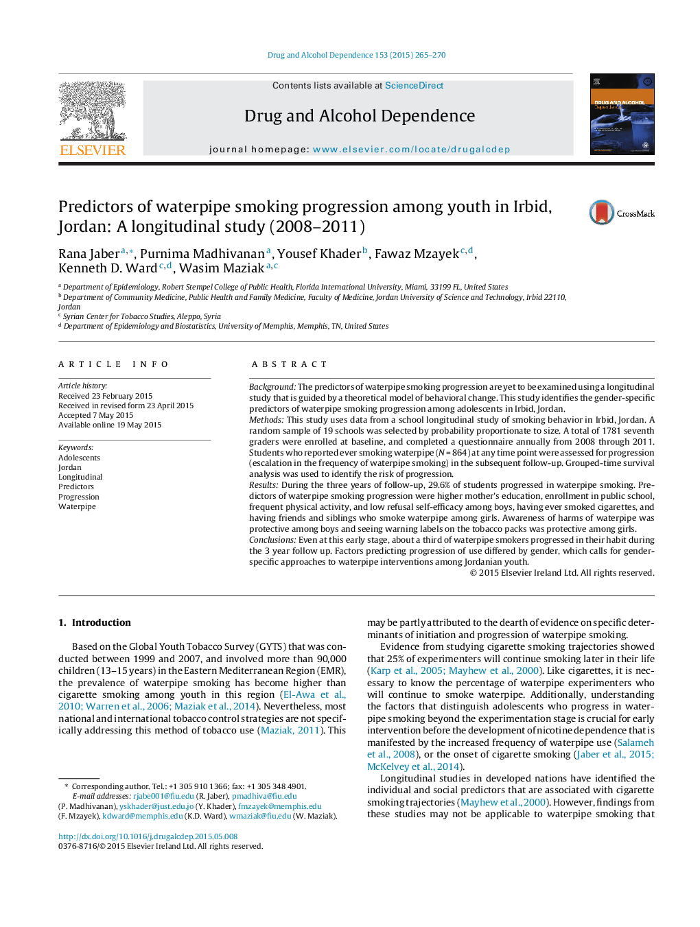 Predictors of waterpipe smoking progression among youth in Irbid, Jordan: A longitudinal study (2008-2011)