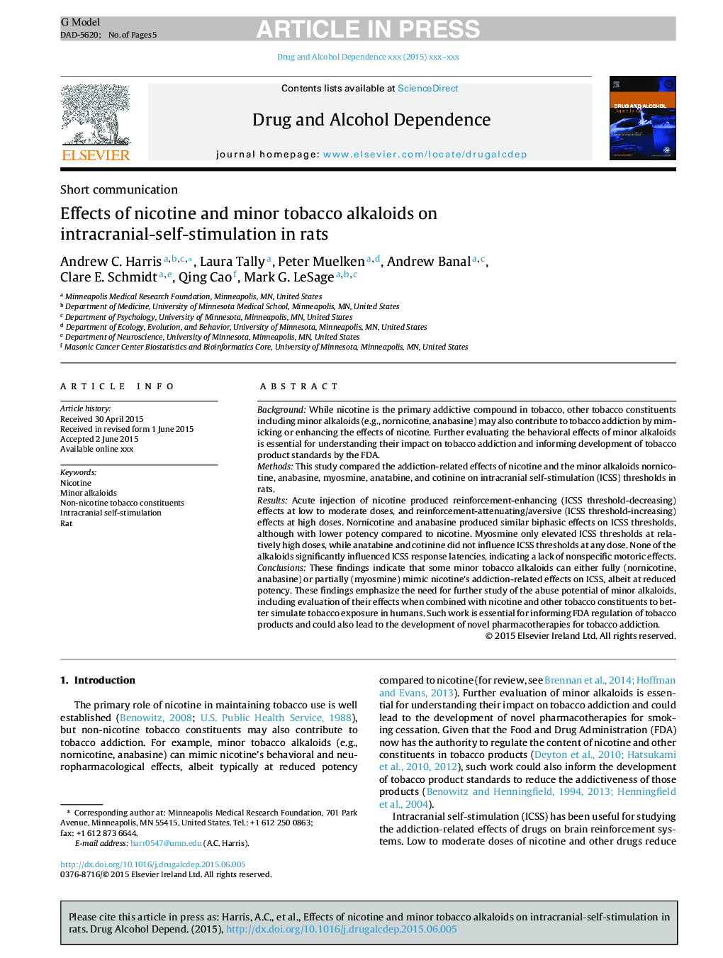 Effects of nicotine and minor tobacco alkaloids on intracranial-self-stimulation in rats