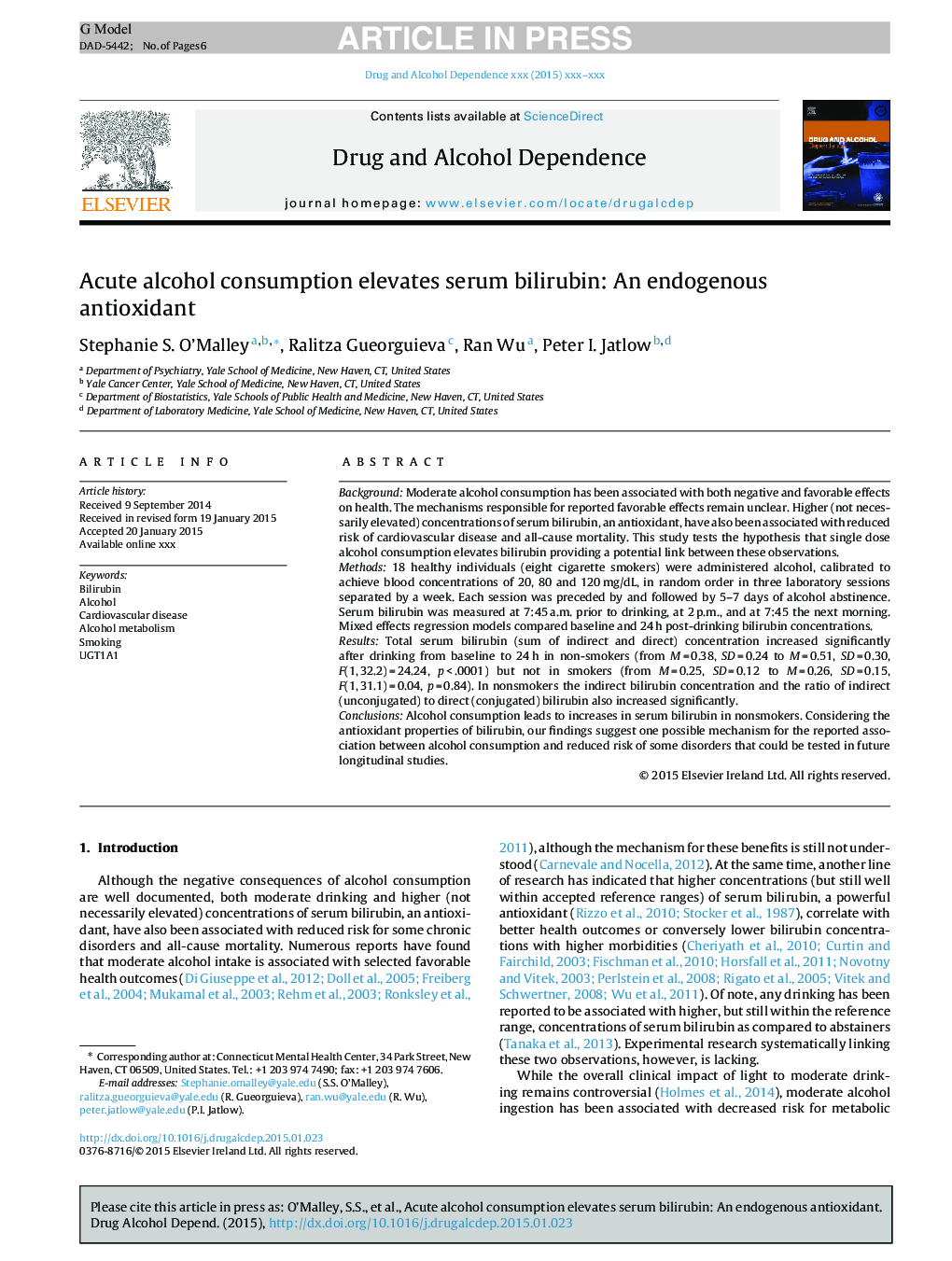 Acute alcohol consumption elevates serum bilirubin: An endogenous antioxidant