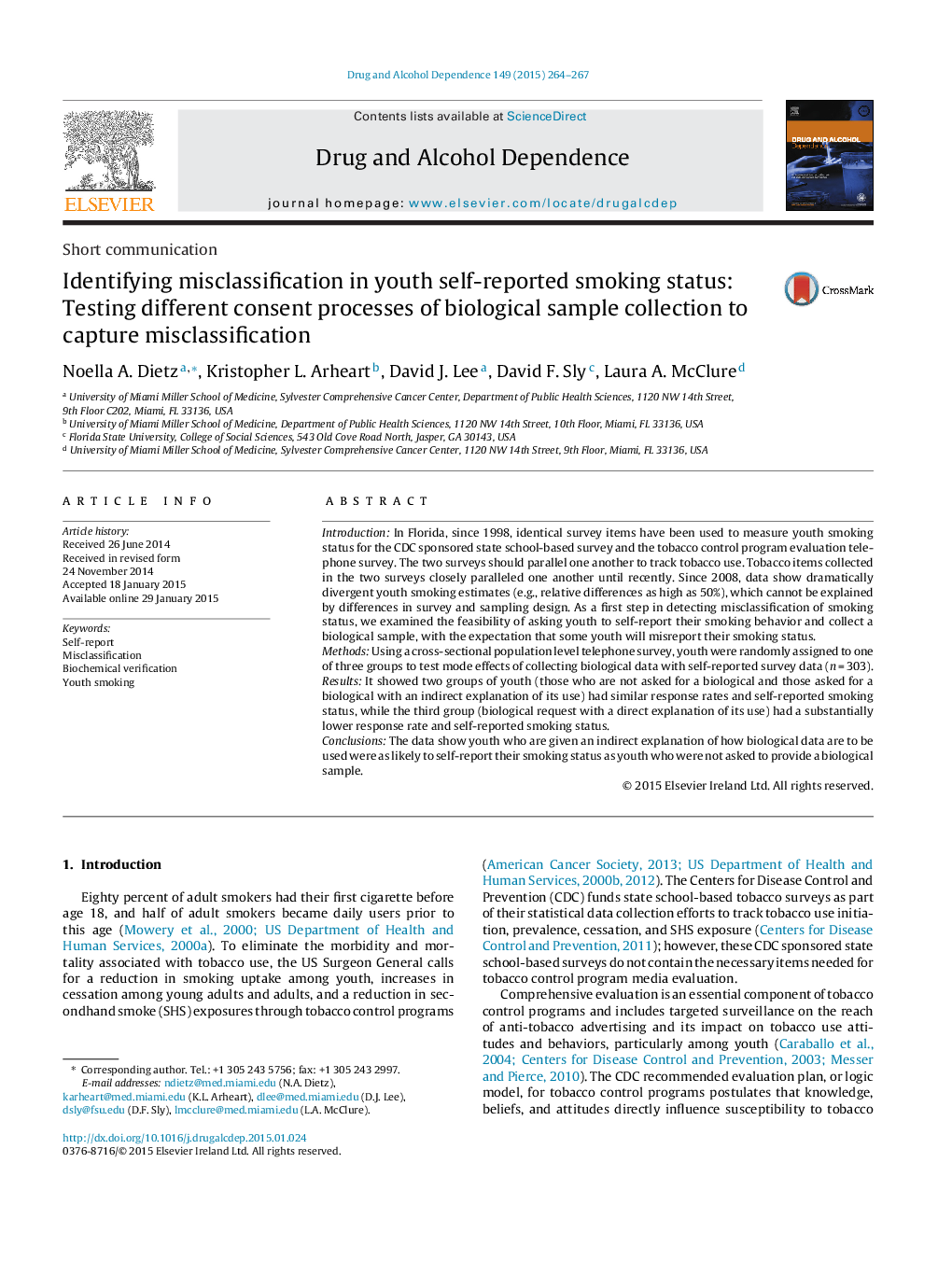 Identifying misclassification in youth self-reported smoking status: Testing different consent processes of biological sample collection to capture misclassification