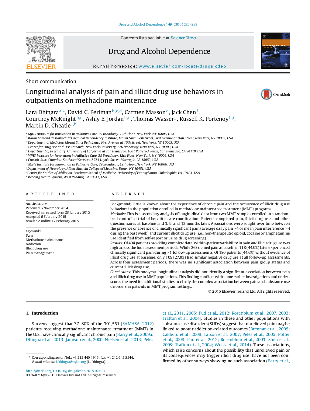 Longitudinal analysis of pain and illicit drug use behaviors in outpatients on methadone maintenance