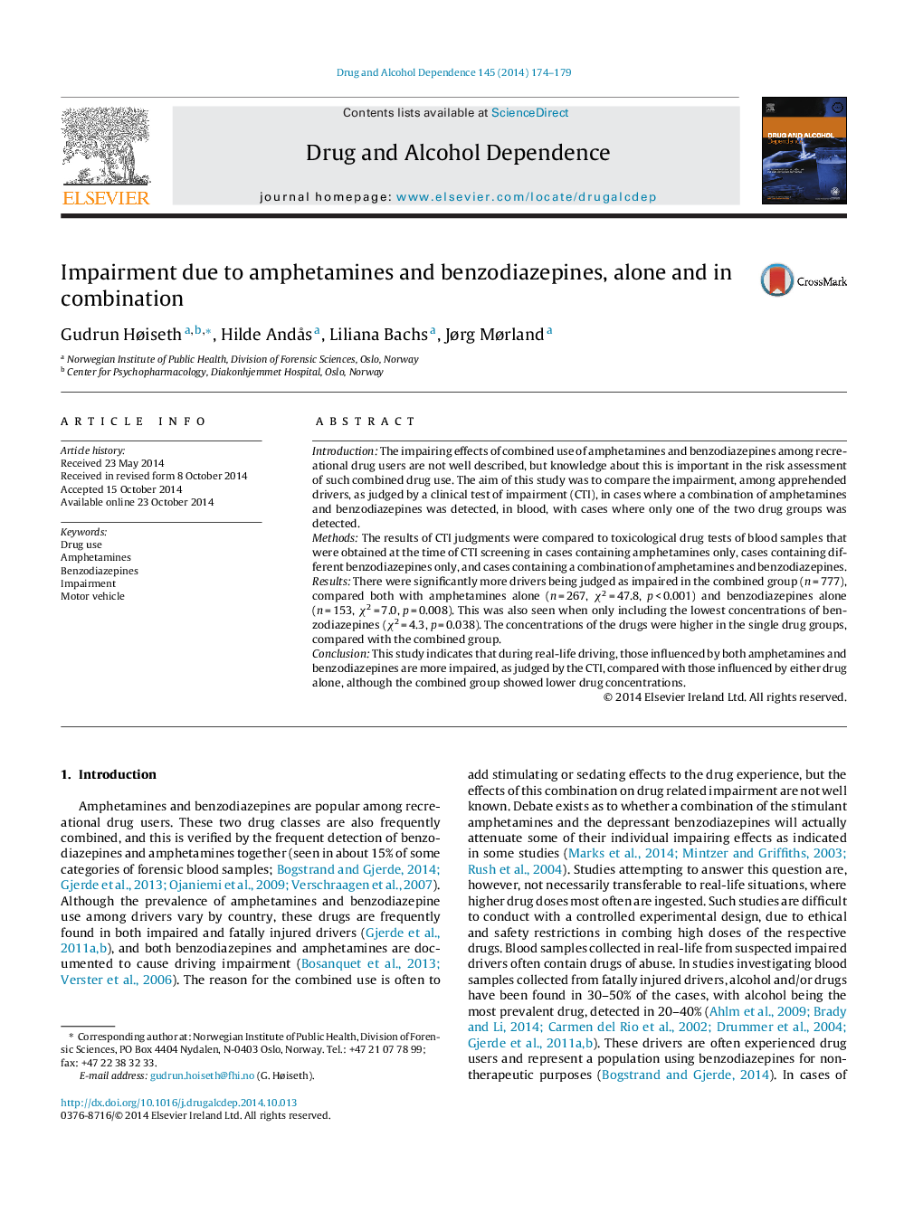 Impairment due to amphetamines and benzodiazepines, alone and in combination