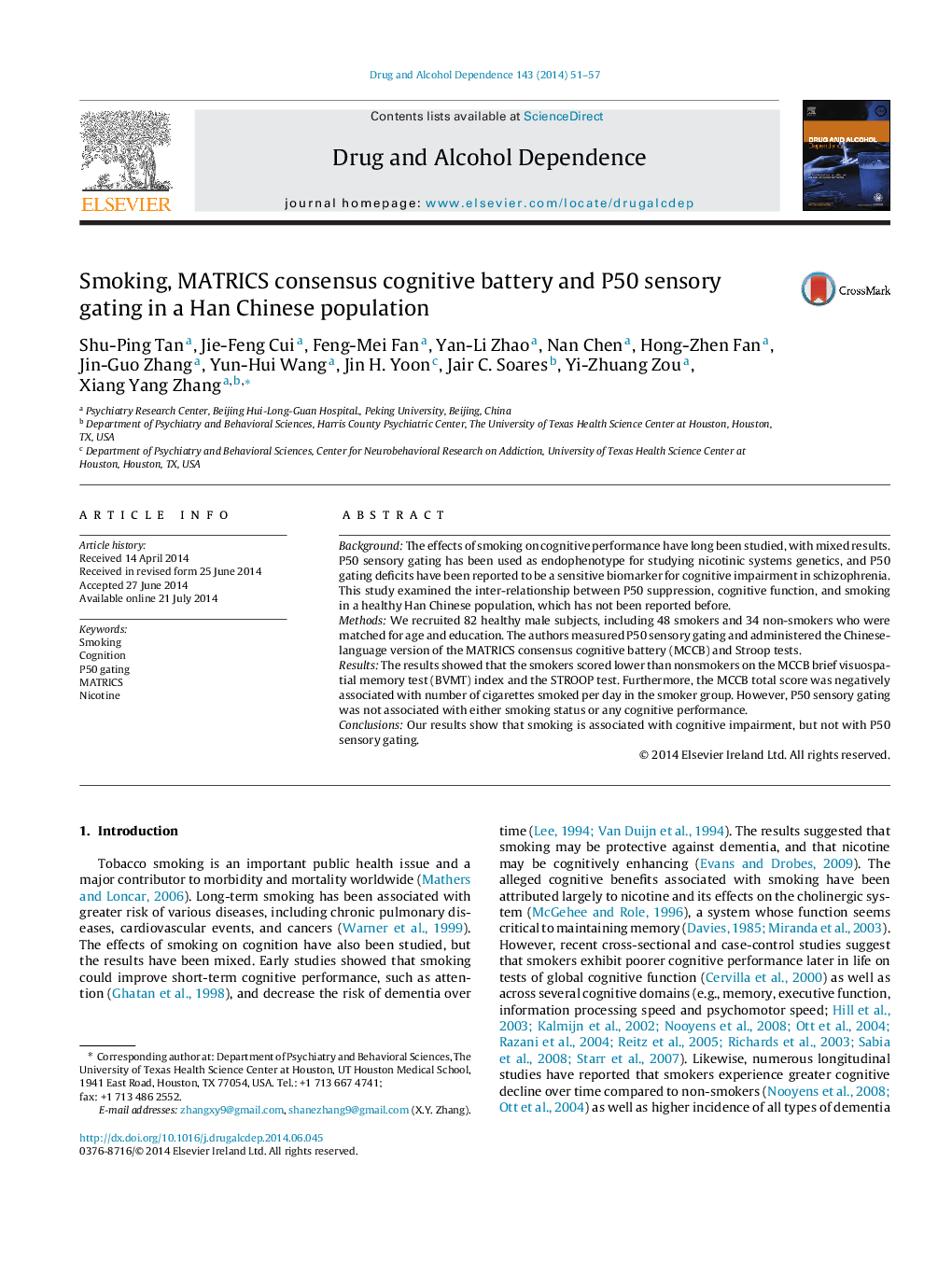 Smoking, MATRICS consensus cognitive battery and P50 sensory gating in a Han Chinese population