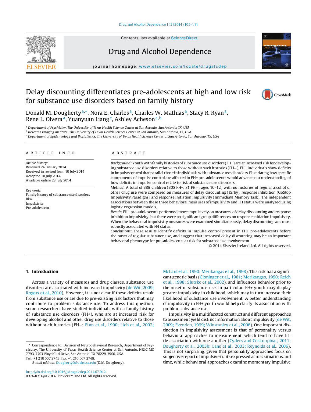 Delay discounting differentiates pre-adolescents at high and low risk for substance use disorders based on family history