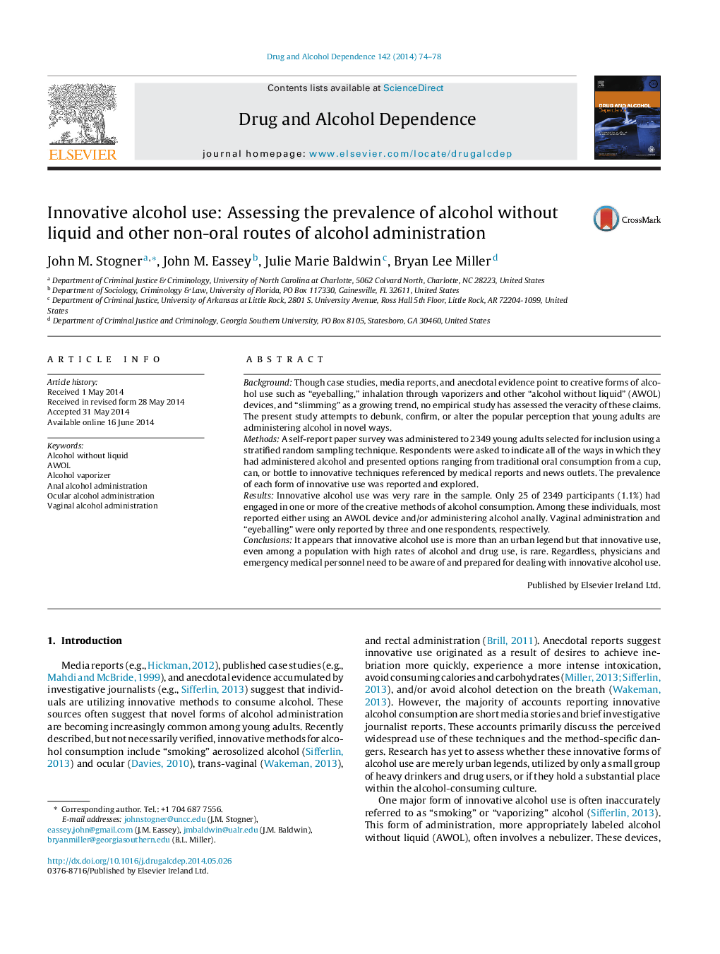 Innovative alcohol use: Assessing the prevalence of alcohol without liquid and other non-oral routes of alcohol administration