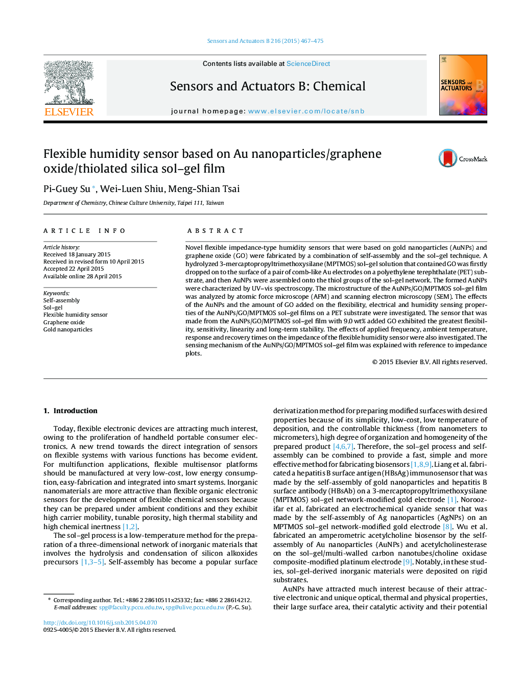 Flexible humidity sensor based on Au nanoparticles/graphene oxide/thiolated silica sol–gel film