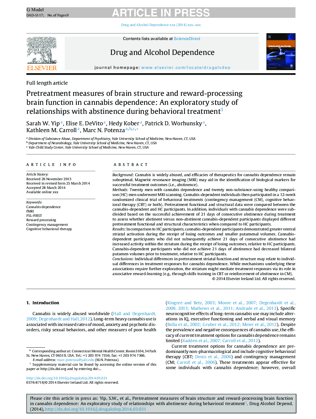 Pretreatment measures of brain structure and reward-processing brain function in cannabis dependence: An exploratory study of relationships with abstinence during behavioral treatment1