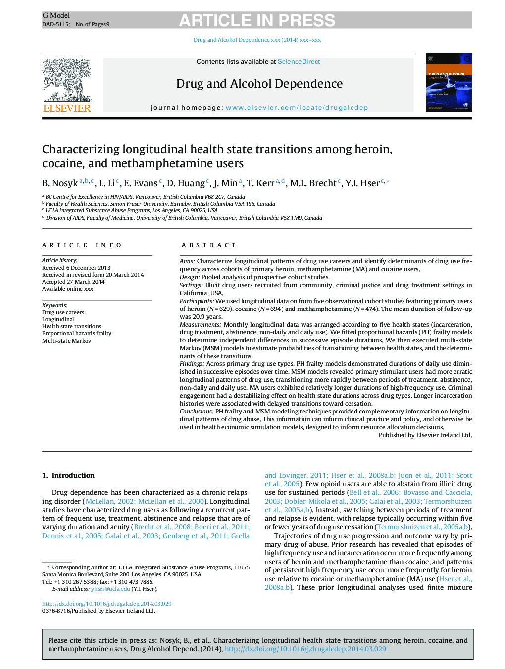 Characterizing longitudinal health state transitions among heroin, cocaine, and methamphetamine users