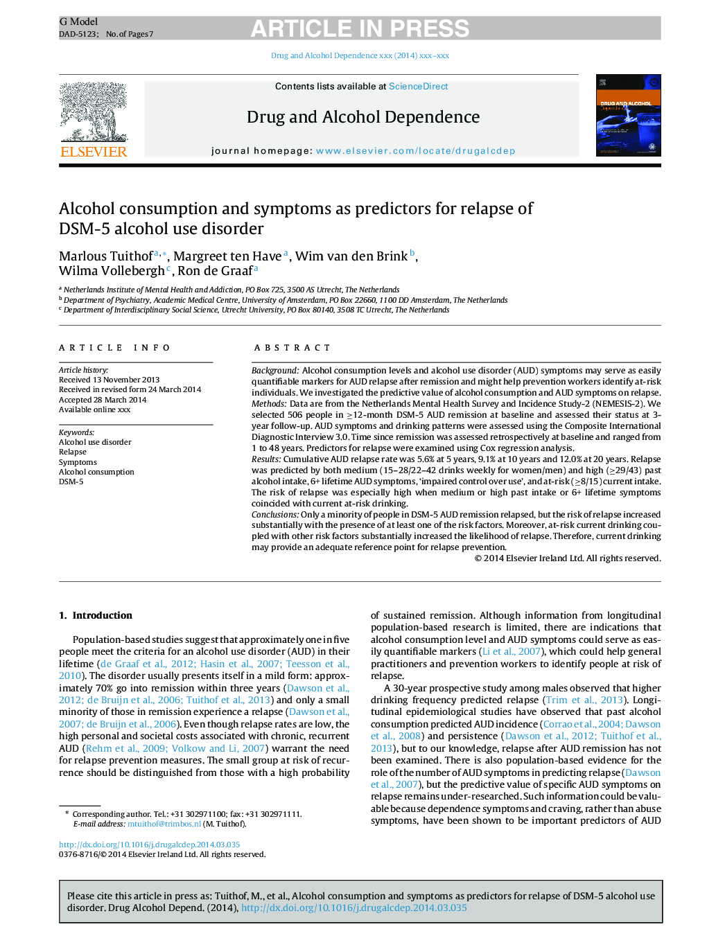 Alcohol consumption and symptoms as predictors for relapse of DSM-5 alcohol use disorder