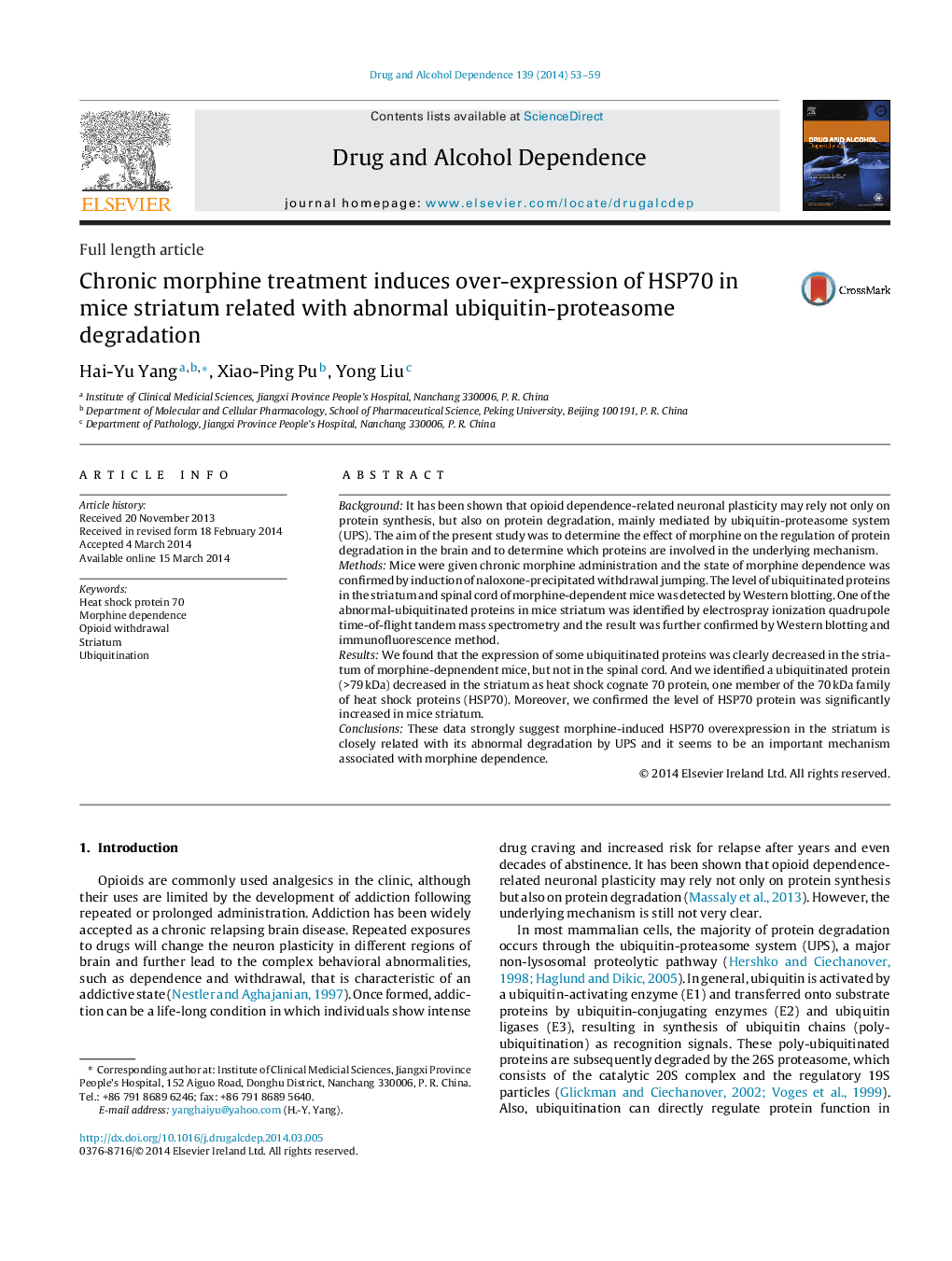 Chronic morphine treatment induces over-expression of HSP70 in mice striatum related with abnormal ubiquitin-proteasome degradation