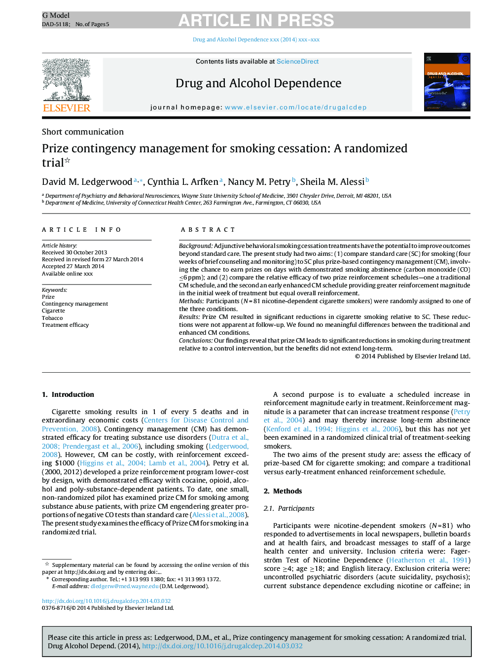 Prize contingency management for smoking cessation: A randomized trial